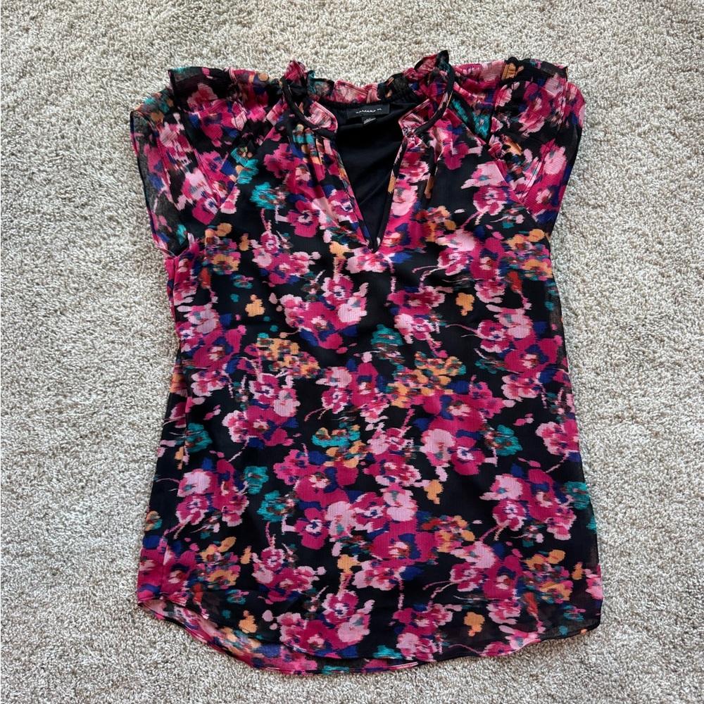 Women’s Floral Ruffle Neck Blouse Vneck top dressy size small - Picture 2 of 11